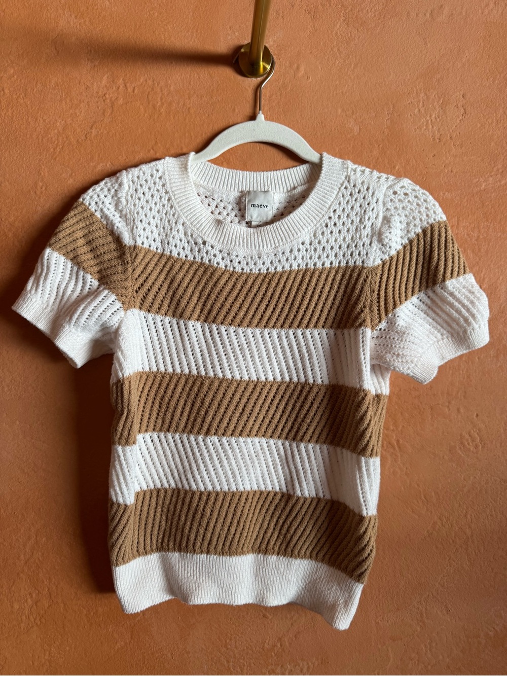 Maeve Anthropologie Striped Open Knit Cotton Sweater Short Sleeve Top XS